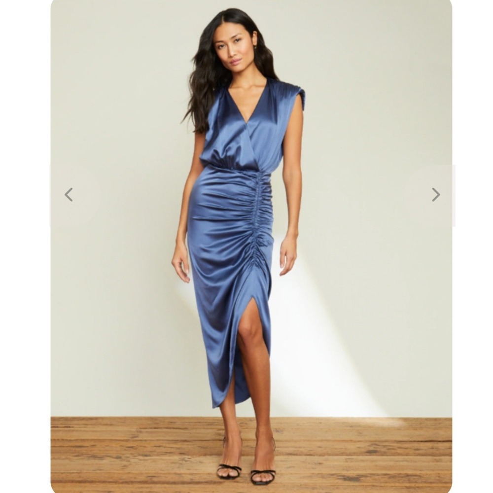 Veronica Beard Casela Ruched Silk Blend Midi Dress Steel Blue 4